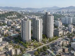 충정로역자이르네(2차) 3개동·최고 25층·총 299세대(이번 9세대 공급) 기준 AI 상상도(주간 항공) — 실제와 다를 수 있음
