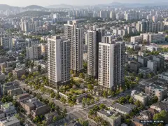 관저 푸르지오 센트럴파크 1단지 4개동·최고 25층·총 330세대(이번 264세대 공급) 기준 AI 상상도(주간 항공) — 실제와 다를 수 있음