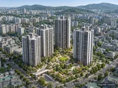 용인시 수지3 총 446세대 기준 AI 상상도(주간 항공) — 실제와 다를 수 있음