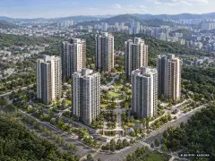 역북 서희스타힐스 프라임시티(조합원 취소분) 8개동·총 912세대(이번 5세대 공급) 기준 AI 상상도(주간 항공) — 실제와 다를 수 있음