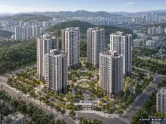 삼천 하늘채 라비엘 6개동·최고 25층·총 602세대(이번 116세대 공급) 기준 AI 상상도(주간 항공) — 실제와 다를 수 있음