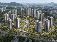 동탄 포레파크 자연앤 푸르지오(A76-2BL)(국민) 17개동·최고 25층·총 1,524세대(이번 1,121세대 공급) 기준 AI 상상도(주간 항공) — 실제와 다를 수 있음
