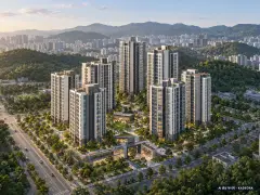 고촌센트럴자이(13차) 17개동·최고 16층·총 1,297세대(이번 10세대 공급) 기준 AI 상상도(주간 항공) — 실제와 다를 수 있음
