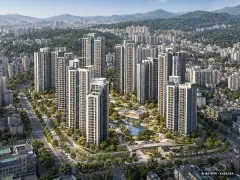 대구 수성1지구 재개발 주간 항공 상상도 · AI 생성 이미지로 실제와 다를 수 있음 대구 수성1지구 재개발 단지 전경 AI 상상도(주간 항공) — 대구 수성구 시공사 선정 1,901세대