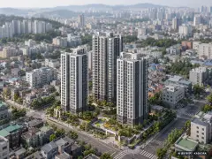김천혁신도시 동일하이빌 파크레인 3개동·최고 29층·총 349세대 기준 AI 상상도(주간 항공) — 실제와 다를 수 있음