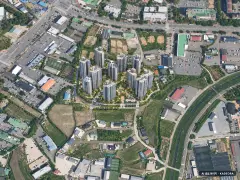 청주 푸르지오 씨엘리체 10개동·최고 29층·총 1,351세대 기준 AI 상상도(주간 항공) — 실제와 다를 수 있음