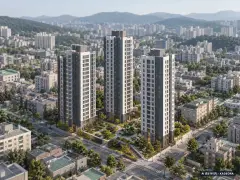 쌍용 더 플래티넘 동래 아시아드 3개동·최고 24층·총 271세대(이번 137세대 공급) 기준 AI 상상도(주간 항공) — 실제와 다를 수 있음