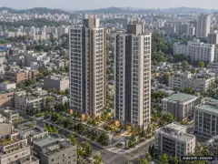 청양 금성백조 예미지 퍼스트클래스 2개동·최고 27층·총 182세대 기준 AI 상상도(주간 항공) — 실제와 다를 수 있음