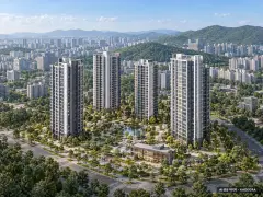 용인반도체클러스터 동일하이빌 파크밸리(D1-1블록) 6개동·최고 20층·총 589세대 기준 AI 상상도(주간 항공) — 실제와 다를 수 있음