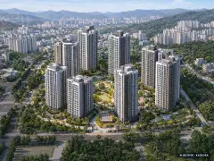 두산위브 트리니뷰 구명역 8개동·최고 26층·총 839세대(이번 288세대 공급) 기준 AI 상상도(주간 항공) — 실제와 다를 수 있음