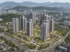 부산 연제구 거제역 동원로얄듀크 주간 항공 상상도 · AI 생성 이미지로 실제와 다를 수 있음 부산 연제구 거제역 동원로얄듀크 단지 전경 AI 상상도(주간 항공) — 연제구 440세대