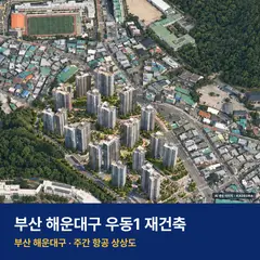 상상도 · AI 생성 이미지로 실제와 다를 수 있음 우동1 재건축 단지 전경 AI 상상도 — 해운대구 우동 1,476세대