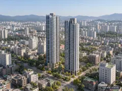 더폴 우정 2개동·최고 44층·총 316세대 기준 AI 상상도(주간 항공) — 실제와 다를 수 있음
