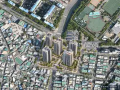 부산 남구 용호1 재건축 총 573세대 기준 AI 상상도(주간 항공) — 실제와 다를 수 있음