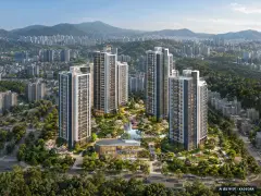 문산역3차 동문 디 이스트 센트럴 7개동·최고 28층·총 951세대(이번 748세대 공급) 기준 AI 상상도(주간 항공) — 실제와 다를 수 있음