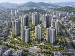 트리븐센텀 2단지 9개동·최고 29층·총 792세대 기준 AI 상상도(주간 항공) — 실제와 다를 수 있음