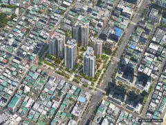 부산 동래구 사직2 재개발 주간 항공 상상도 · AI 생성 이미지로 실제와 다를 수 있음 부산 동래구 사직2 재개발 단지 전경 AI 상상도(주간 항공) — 부산 동래구 조합설립