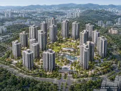 북수원이목지구 대방 디에트르 더 리체Ⅱ(A3BL) 17개동·최고 29층·총 1,744세대 기준 AI 상상도(주간 항공) — 실제와 다를 수 있음