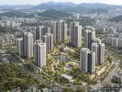 부민2 재개발 총 1,042세대 기준 AI 상상도(주간 항공) — 실제와 다를 수 있음