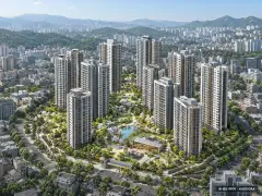 부산 사하구 괴정7 재개발 총 1,877세대 기준 AI 상상도 — 실제와 다를 수 있음 부산 사하구 괴정7 재개발 총 1,877세대 기준 AI 상상도(주간 항공) — 실제와 다를 수 있음