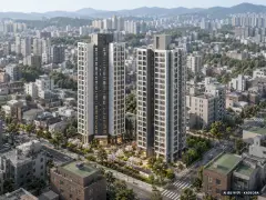 연산 센텀 월드메르디앙 2개동·최고 24층·총 236세대(이번 144세대 공급) 기준 AI 상상도(주간 항공) — 실제와 다를 수 있음