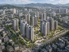 부산 동래구 사직1-5 재건축 총 653세대 기준 AI 상상도(주간 항공) — 실제와 다를 수 있음