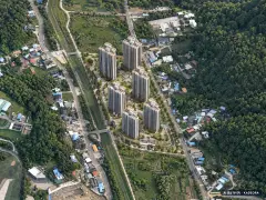 진주 판문지구 레이크써밋 웰가 6개동·총 690세대 기준 AI 상상도 — 실제와 다를 수 있음 진주 판문지구 레이크써밋 웰가 6개동·총 690세대 기준 AI 상상도(주간 항공) — 실제와 다를 수 있음