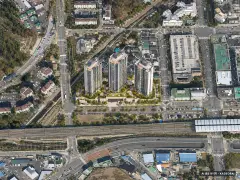 두산위브더제니스 평내호평역 N49 3개동·최고 49층·총 548세대 기준 AI 상상도(주간 항공) — 실제와 다를 수 있음