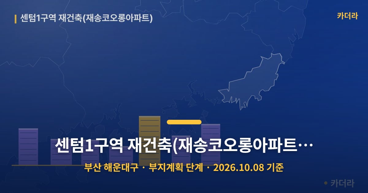 센텀1구역 재건축(재송코오롱아파트) · 부산 해운대구 소재 · 부지계획 단계 · 2026.10.08 기준 요약 이미지