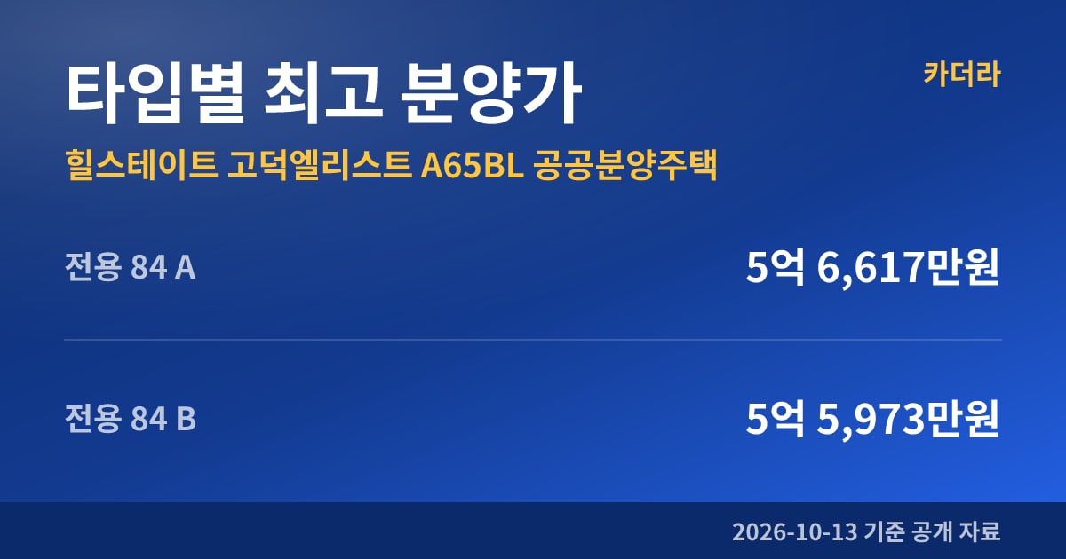 힐스테이트 고덕엘리스트 A65BL 공공분양주택 타입별 최고 분양가