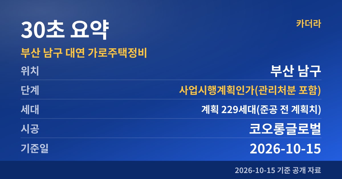 부산 남구 대연 가로주택정비 30초 요약